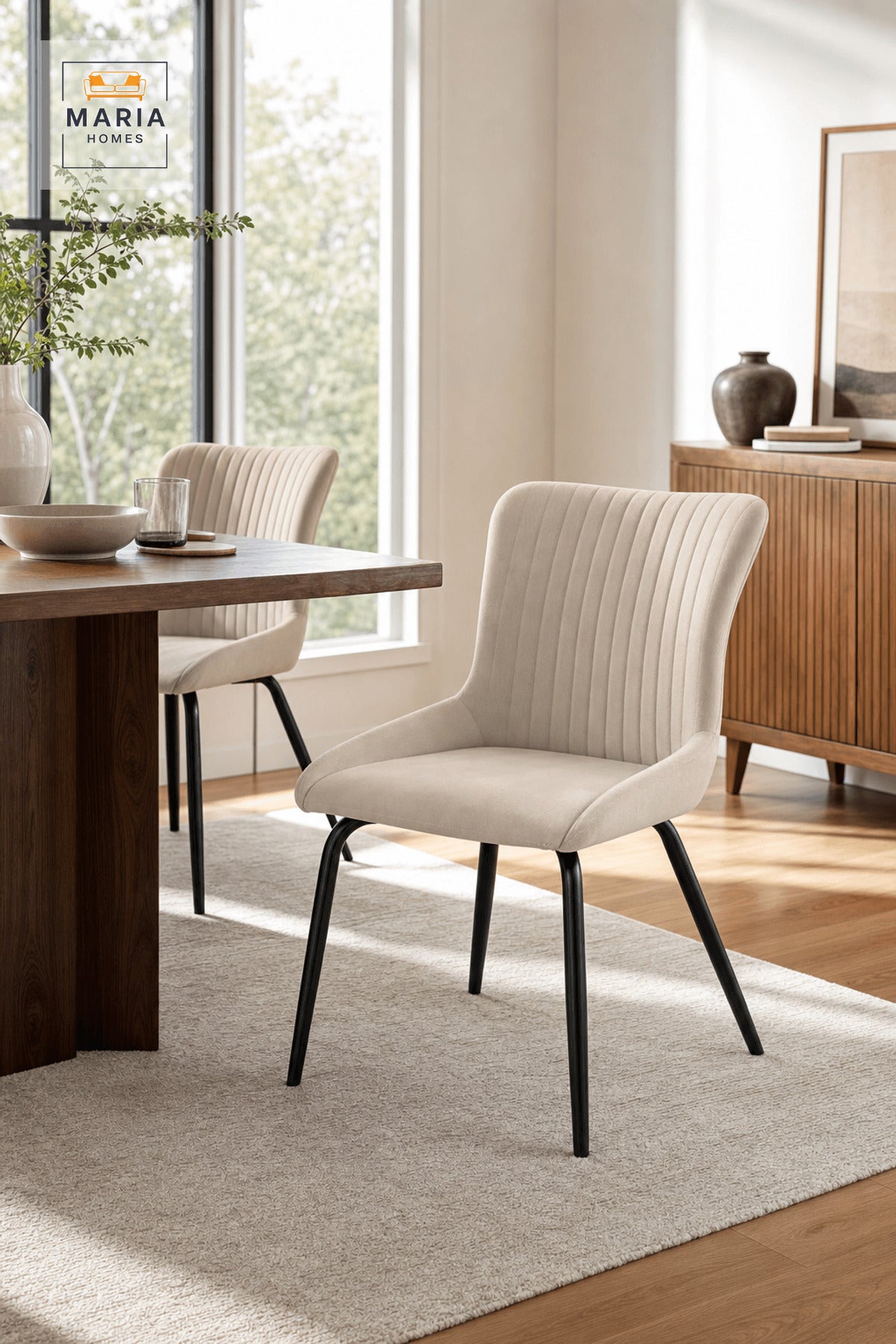 Beige Upholstered Dining Chair with Black Metal Legs, Ribbed Backrest for Home Dining