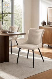 Beige Upholstered Dining Chair with Black Metal Legs, Ribbed Backrest for Home Dining