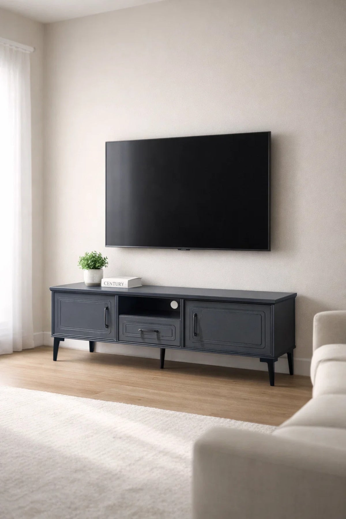 Dark Grey TV Stand √ê 140x40x46 cm Modern Wooden Plasma Table with Storage Cabinets