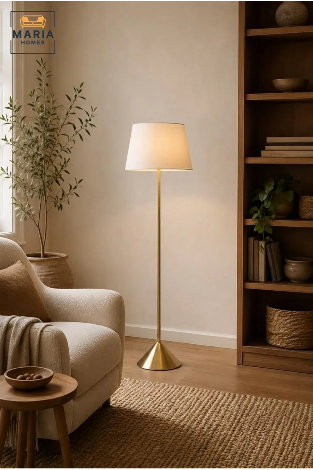 Modern Brass Floor Lamp with Fabric Shade and Sculptural Base, Elegant Freestanding Standing Light for Living Room, Bedroom, Reading Corner and Office