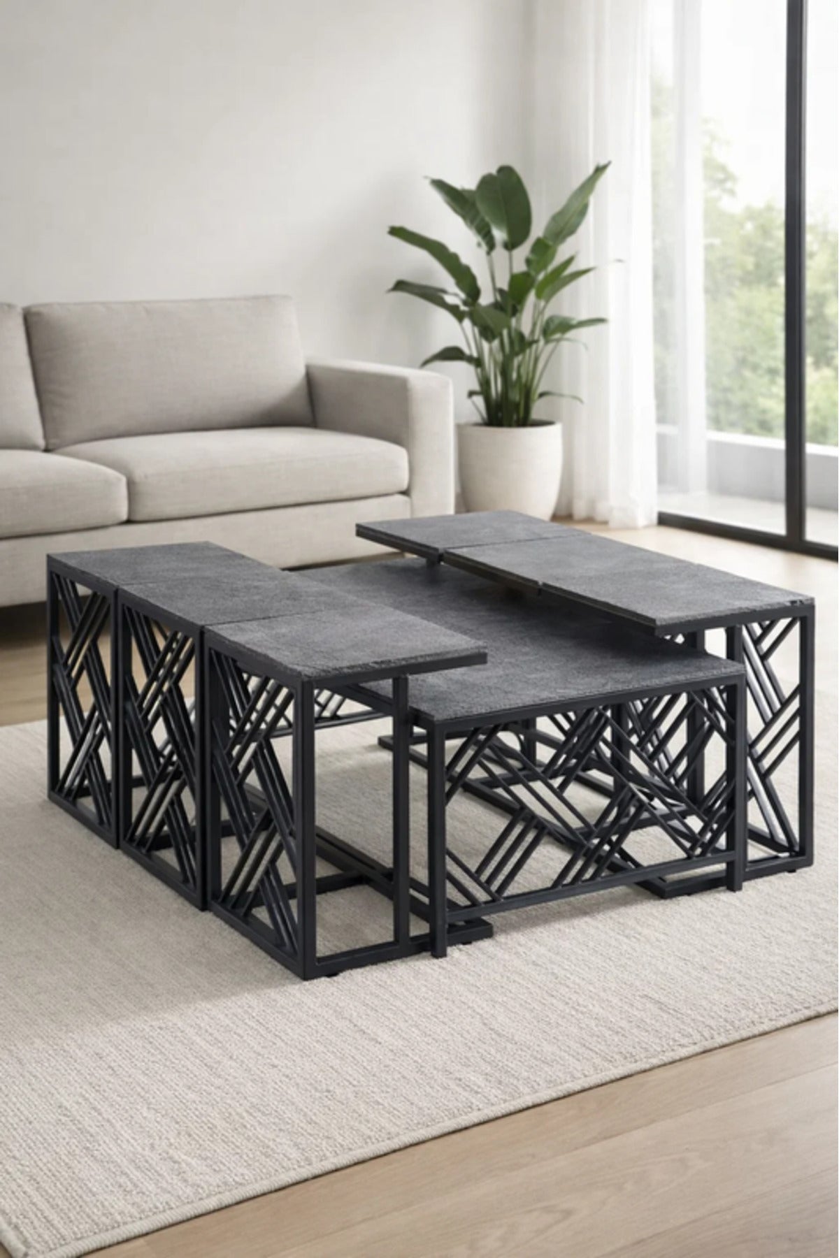 Modern Grey Coffee Table Set with 6 Side Tables 130 _ 70 _ 45 cm