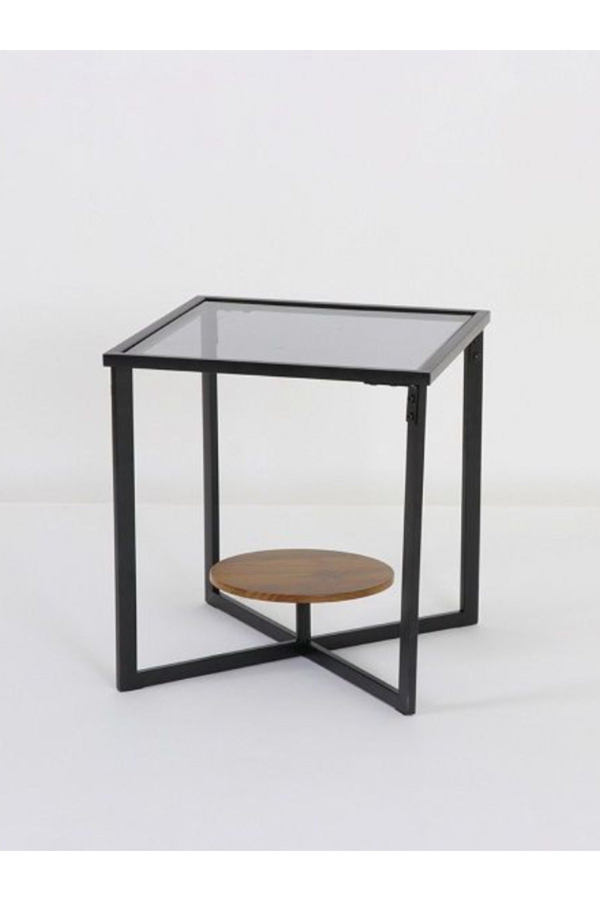 Modern Glass Side Table with Black Metal Frame and Brown Wooden Shelf Ð Square End Table 40_40_50 cm