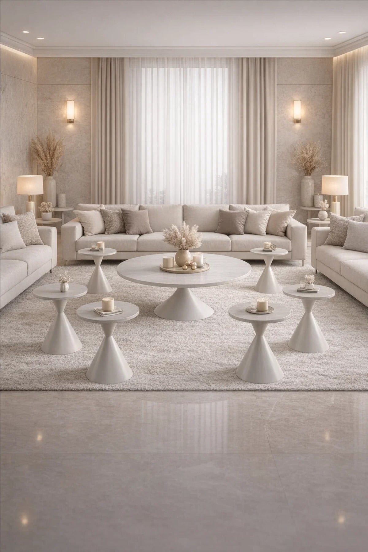 Modern White Coffee Table Set 1+6 √ê 7 Pieces Round Center Table with 6 Side Tables