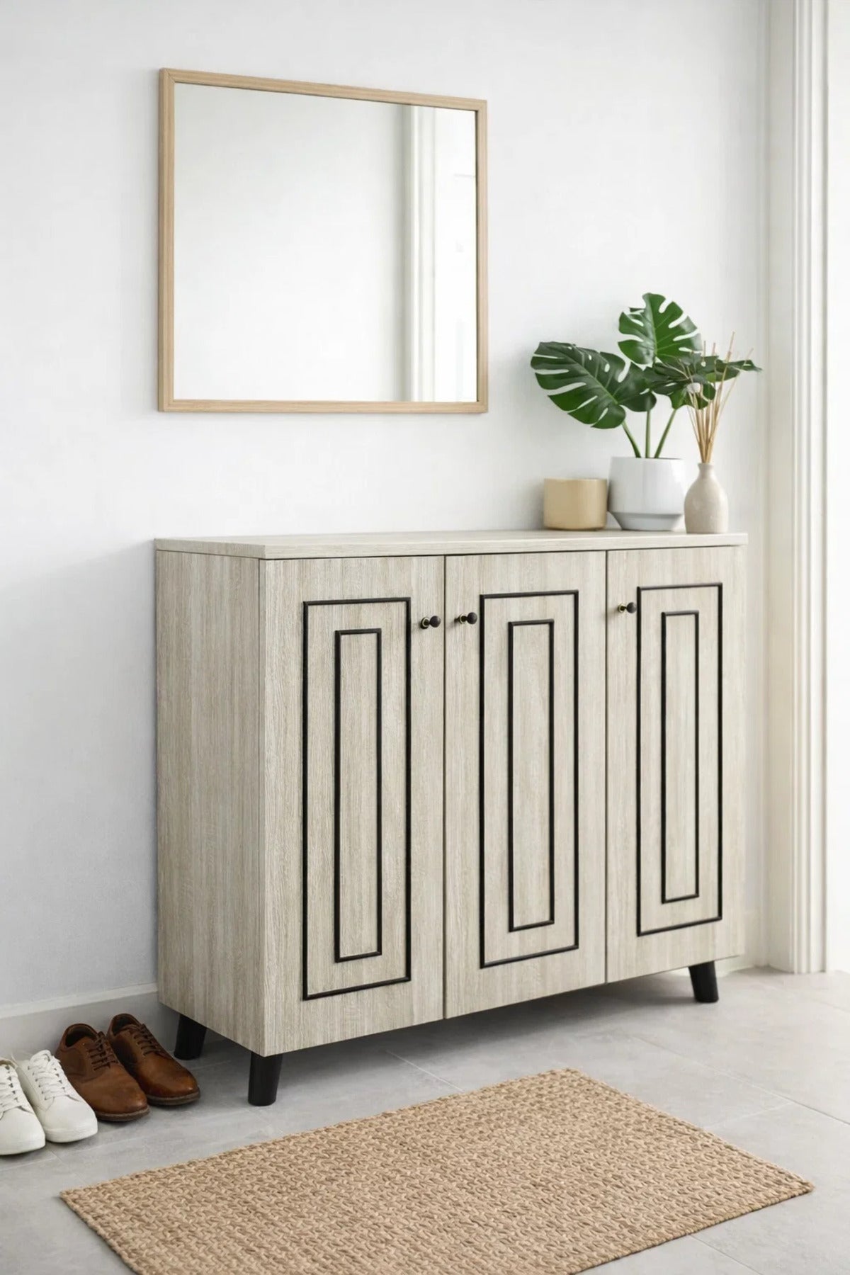 Modern Beige 3-Door Shoe Organizer Cabinet with Black Geometric Accents for Home Entrance 90cm