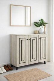 Modern Beige 3-Door Shoe Organizer Cabinet with Black Geometric Accents for Home Entrance 90cm