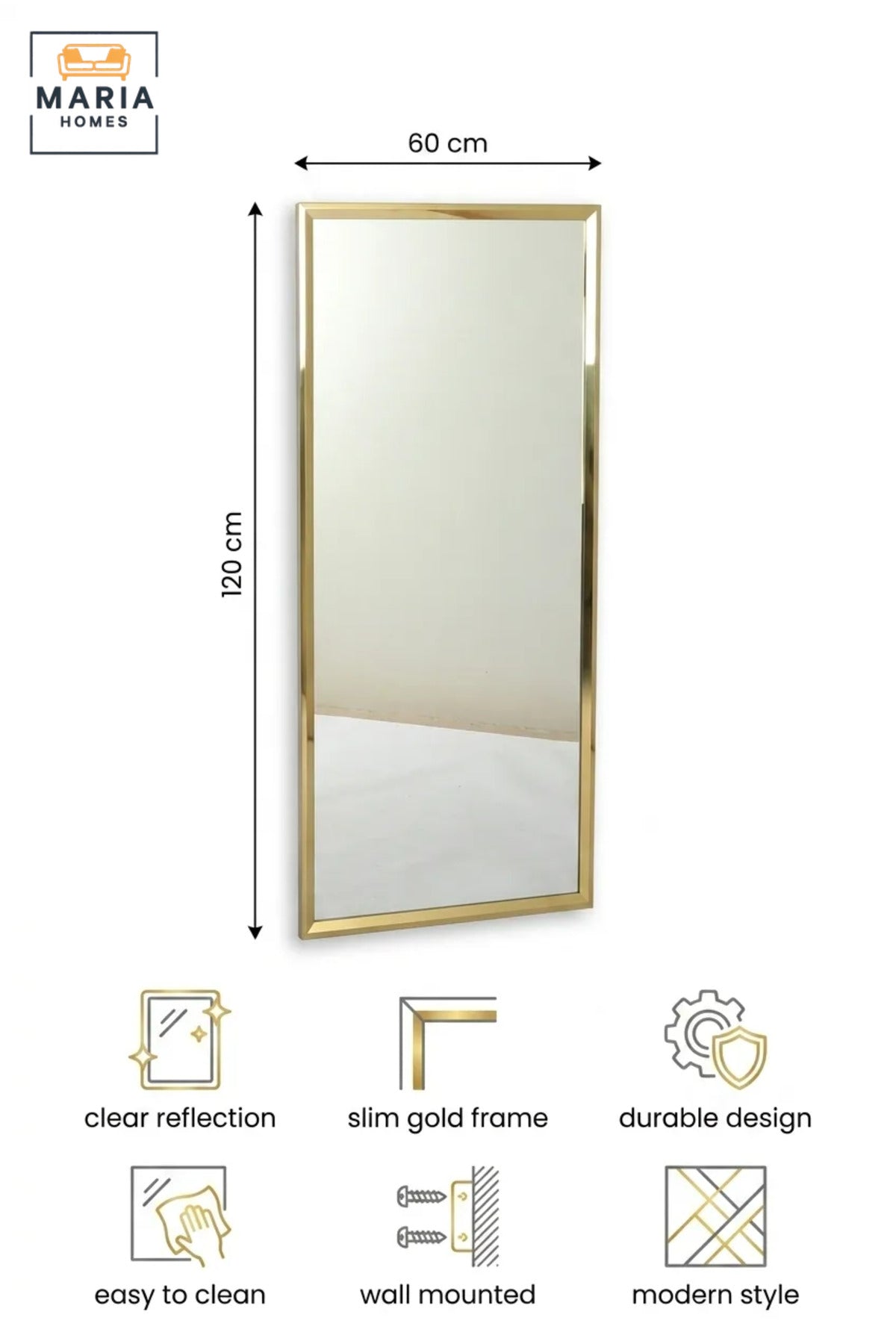 Large Rectangular Framed Wall Mirror 120 × 60 cm with Slim Bevelled Border, Modern Full-Length Dressing Mirror for Bedroom, Hallway and Entryway