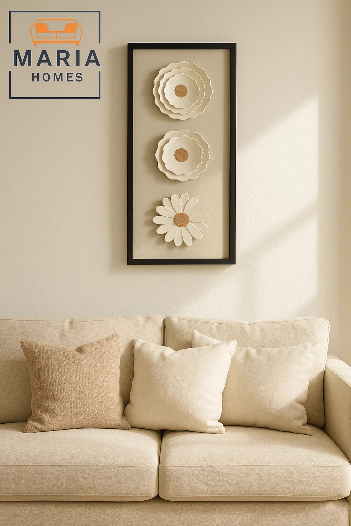 Framed 3D Floral Wall Art with Triple White Blooms on Linen Background-size 35*80*3 CM