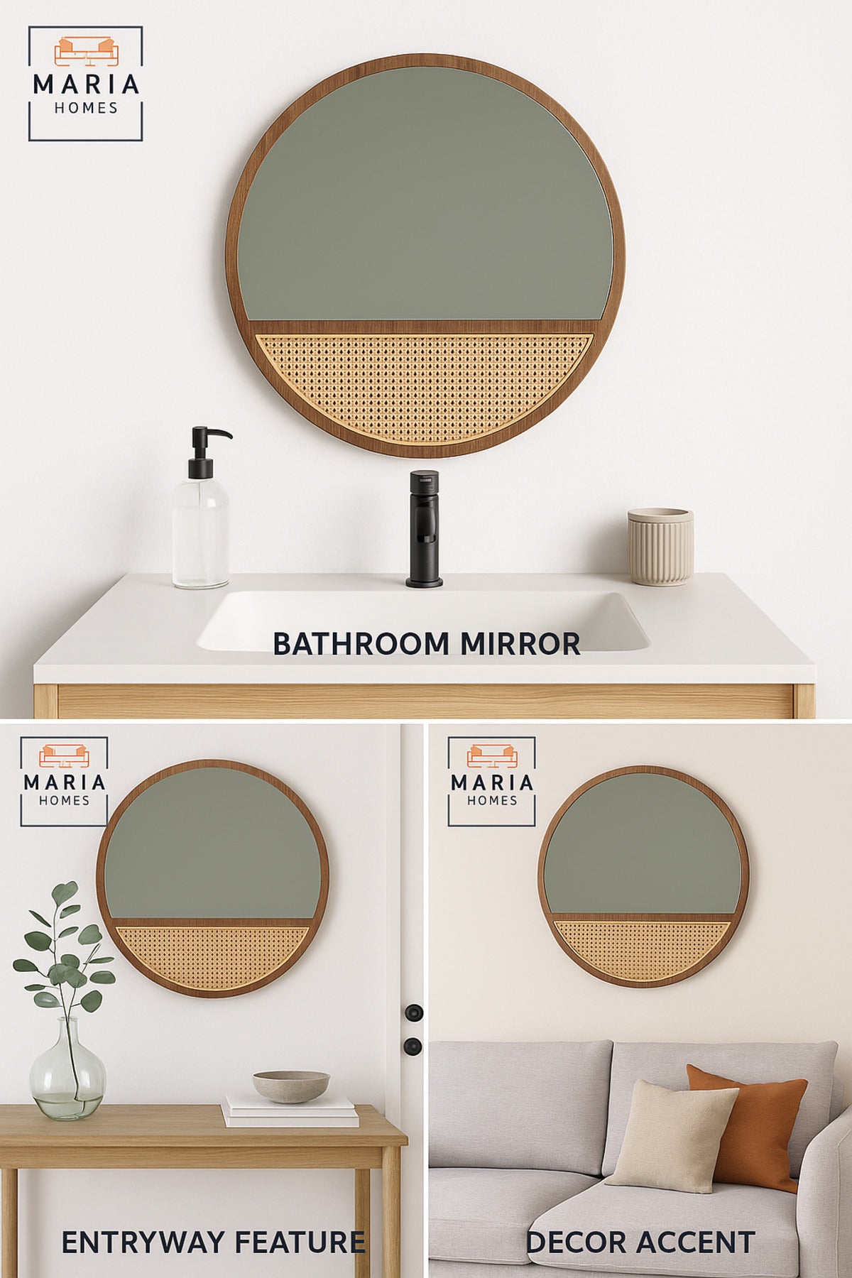 Round Wall Mirror 100 cm Ð Dark Wood Frame with Rattan Panel