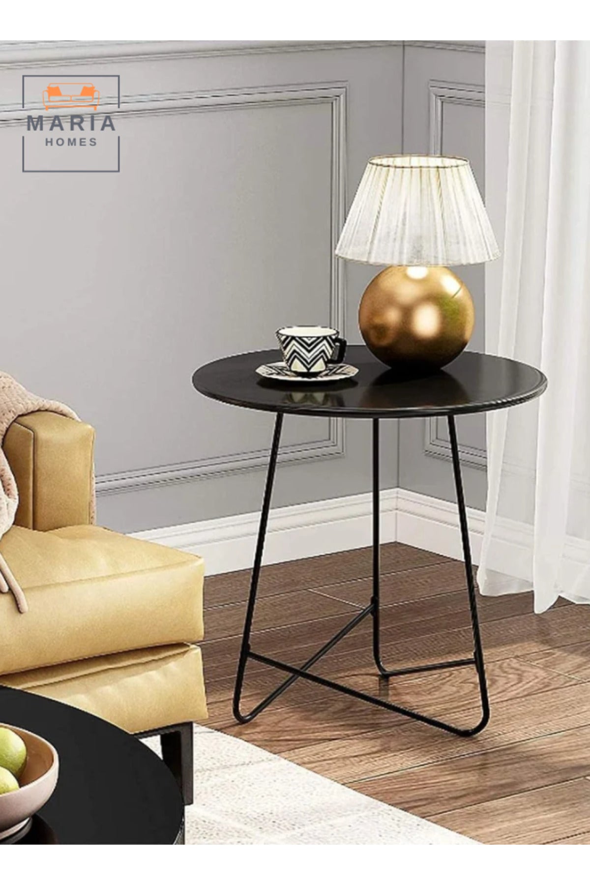 Modern Black Round Side Table with Geometric Metal Frame Perfect for Living Rooms and Offices