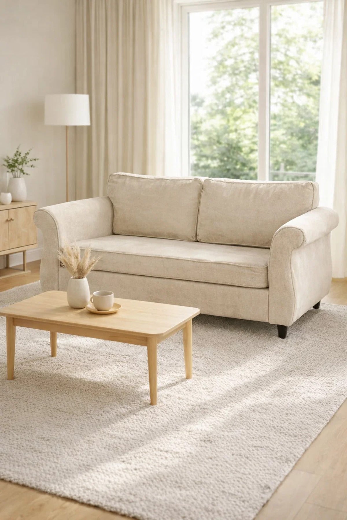 Beige Two Seater Sofa with Cushioned Seat and Classic Design