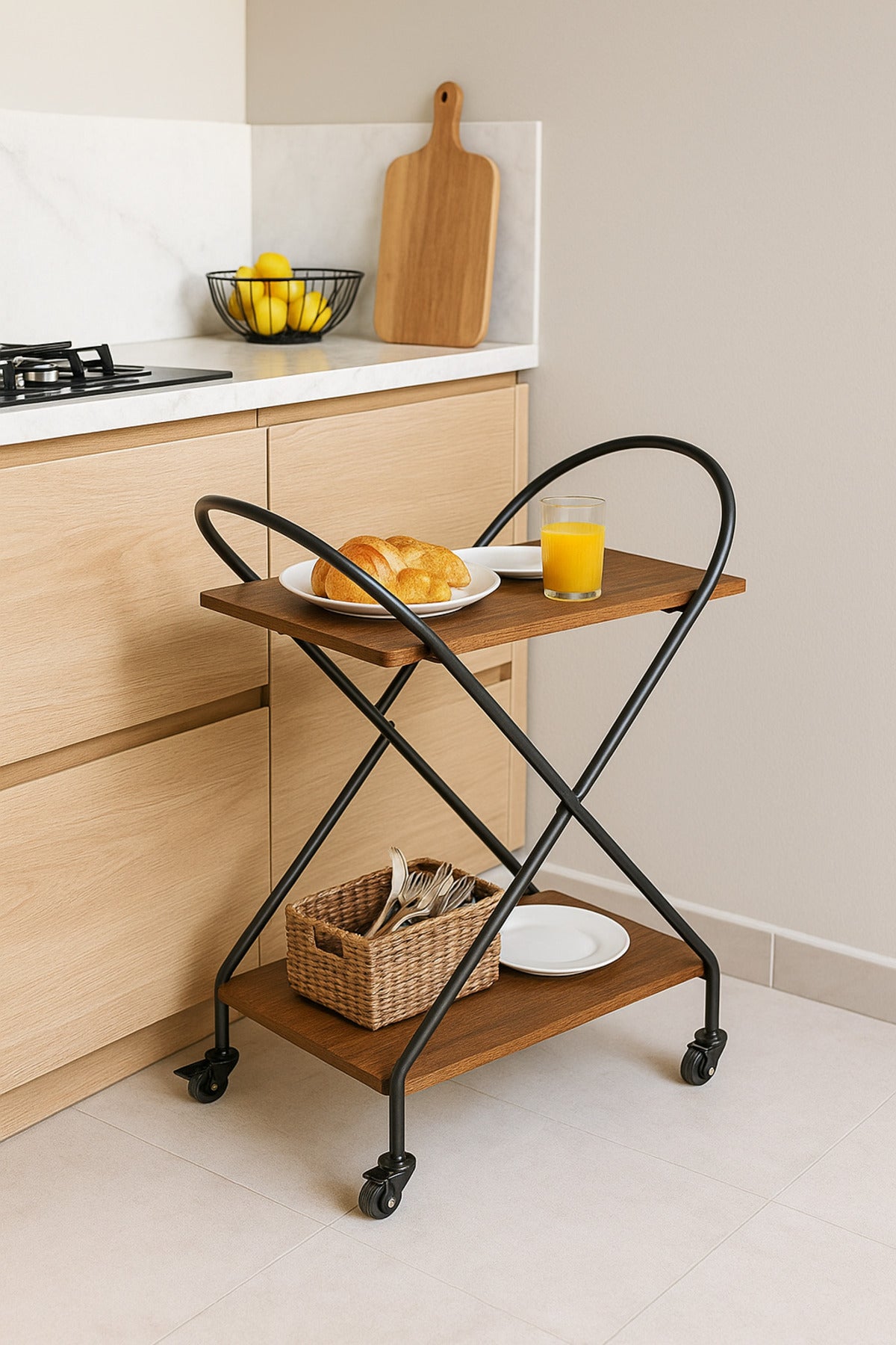 Compact Brown Metal Serving Trolley Ð 2-Tier Bar Cart with Wheels 72_40_78 cm