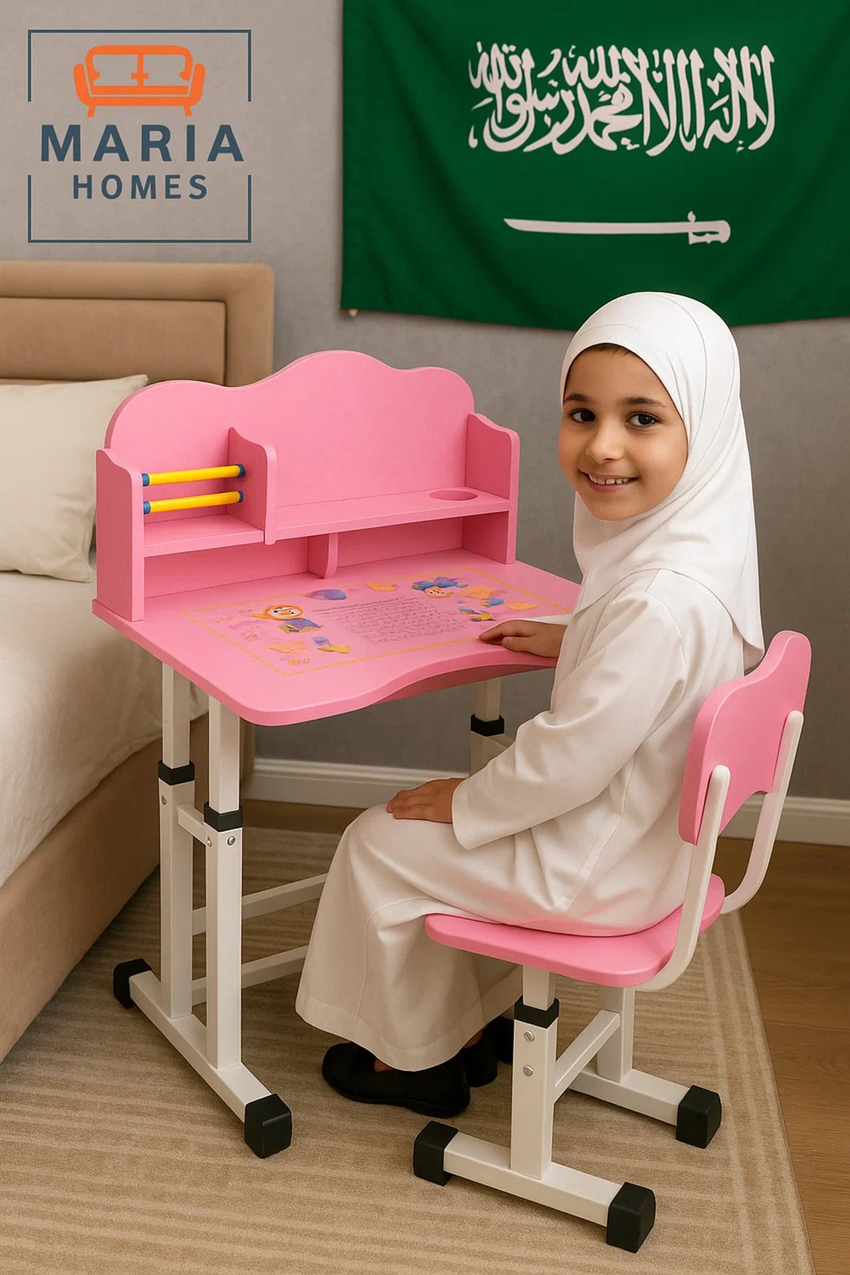Pink Adjustable Kids Study Desk and Chair Set with Storage Shelf and Abacus