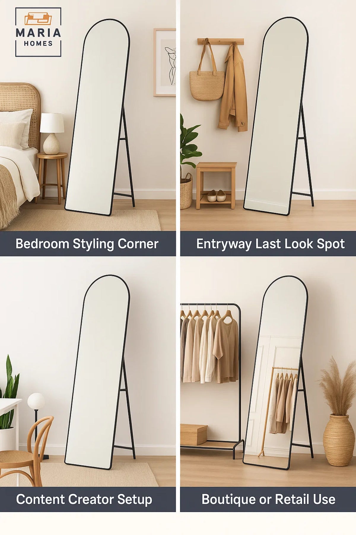 Sleek Black Frame Full-Length Mirror Ð 160x40cm Arched Standing Mirror for Bedroom or Closet