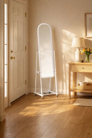 Modern White Standing Floor Mirror on Wheels Adjustable Angle with Storage Rack for Bedroom Home