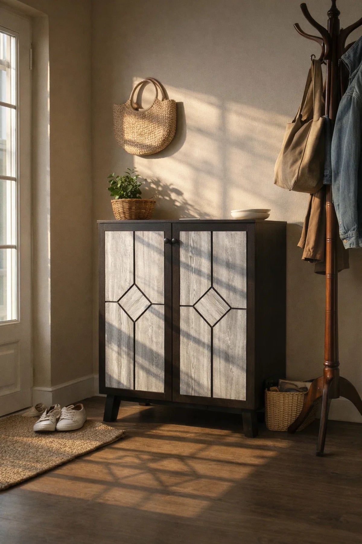 Elegant Two Door Shoe Cabinet with Geometric Pattern for Hallway Organization and Home Decor Brown