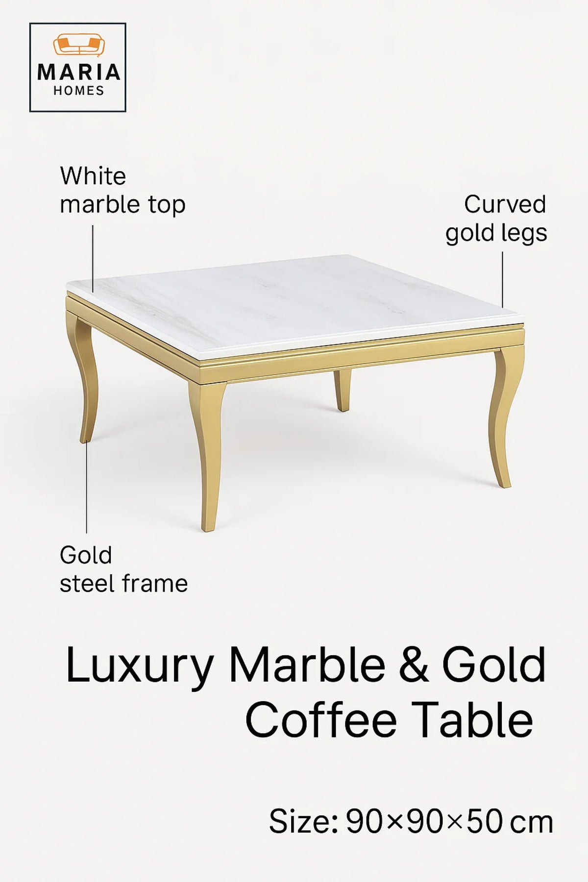 Modern Luxury Square Marble Coffee Table 90_90_50 cm with Elegant Gold Base
