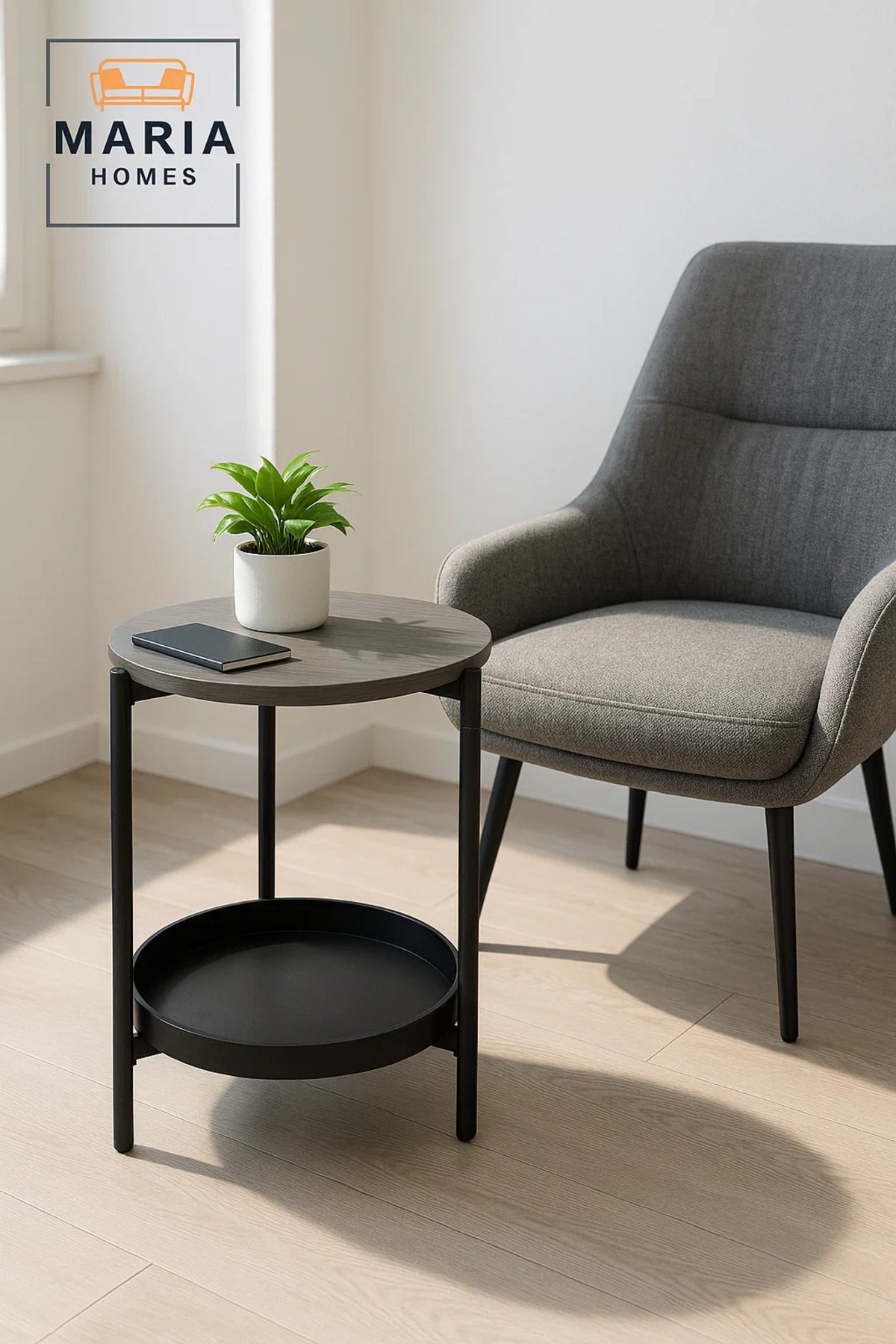 Modern Dark Grey Side Table √ê Round Coffee Table with Black Storage Shelf 40_40_55 cm