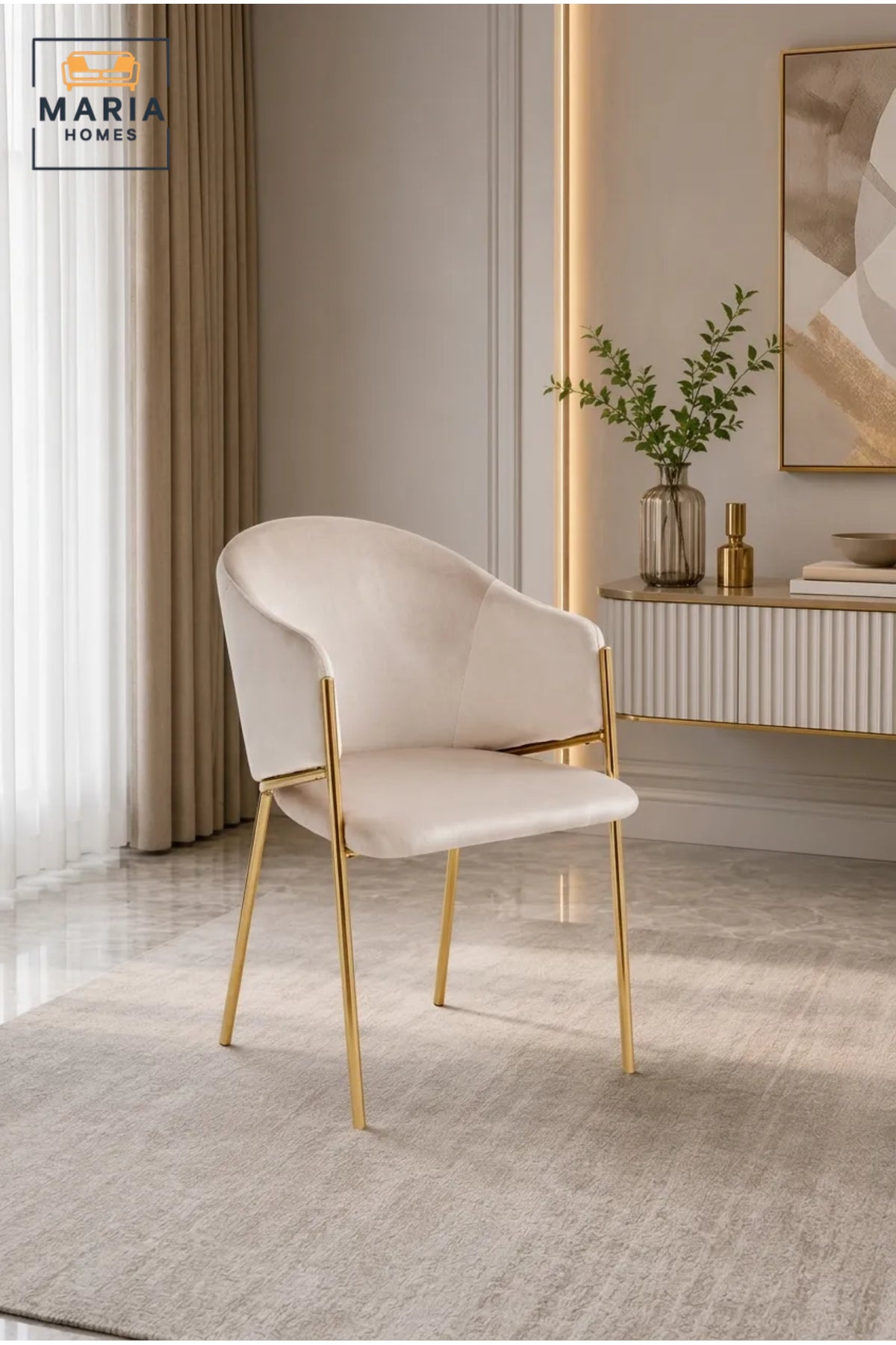 Cream Velvet Dining Chair with Gold Metal Legs Ð Modern Upholstered Accent Chair for Dining Room, Living Room, Bedroom & Lounge