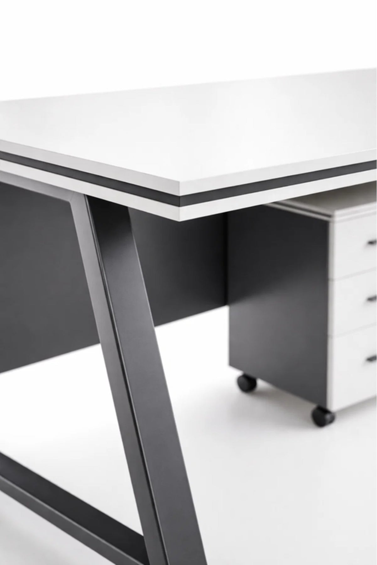 Modern White and Grey Office Desk with Mobile Drawer Cabinet