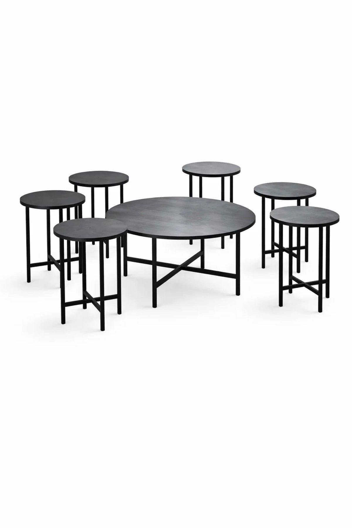 Modern 7-Piece Round Coffee Table Set Grey Wood Finish Black Metal Frame Living Room Furniture
