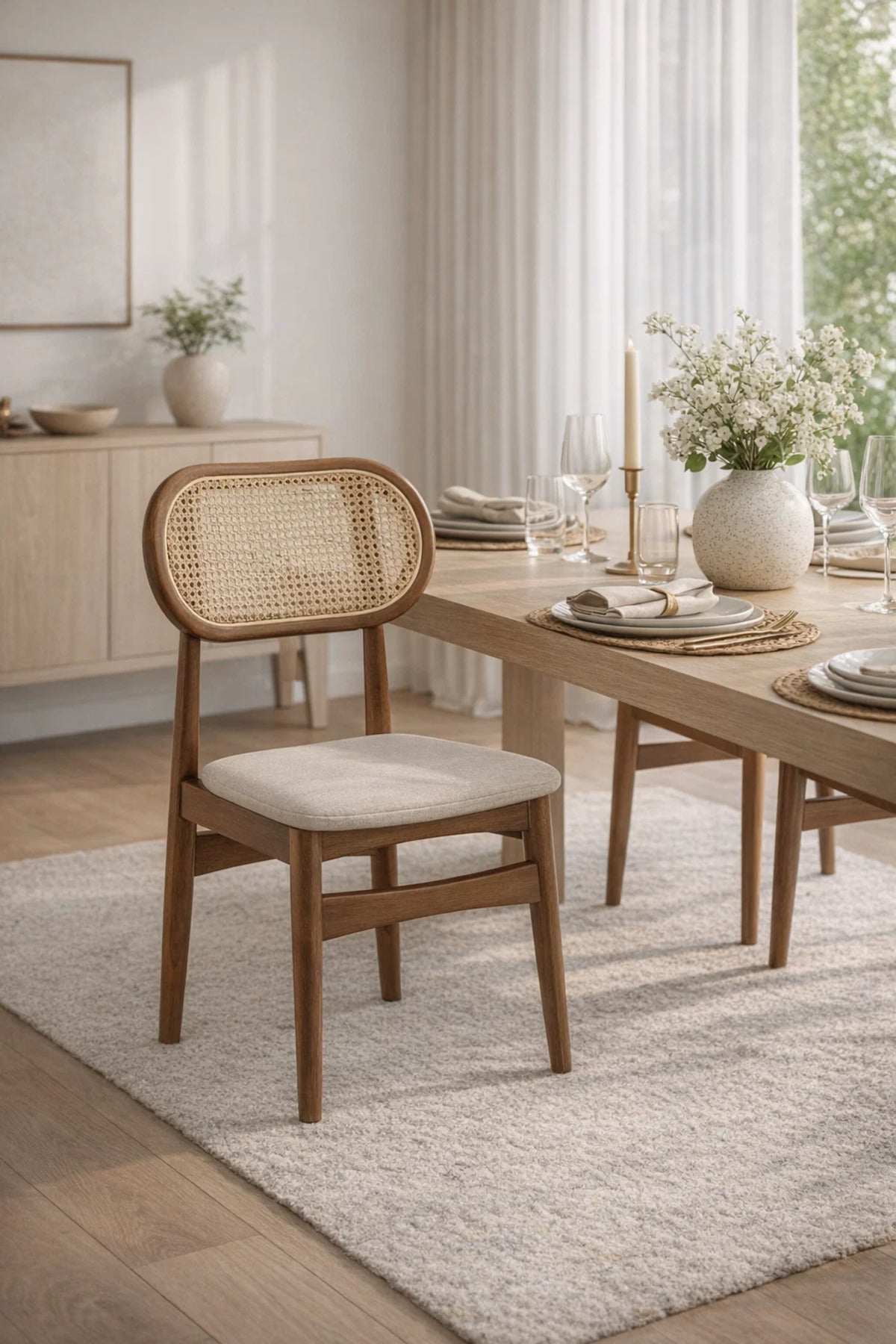 Brown Wooden Rattan Dining Chair 68cm Height Natural Cane Seat Modern brown wooden