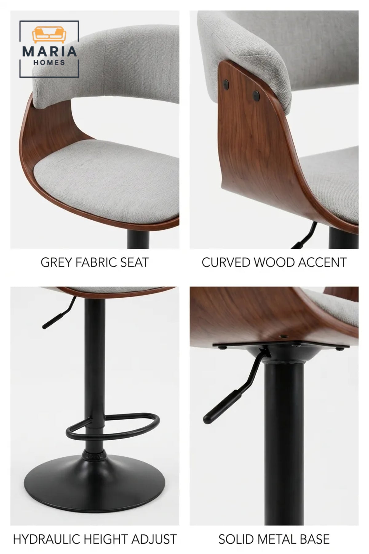 Modern Adjustable Bar Stool with Upholstered Seat, Curved Backrest and Wood Accent Frame