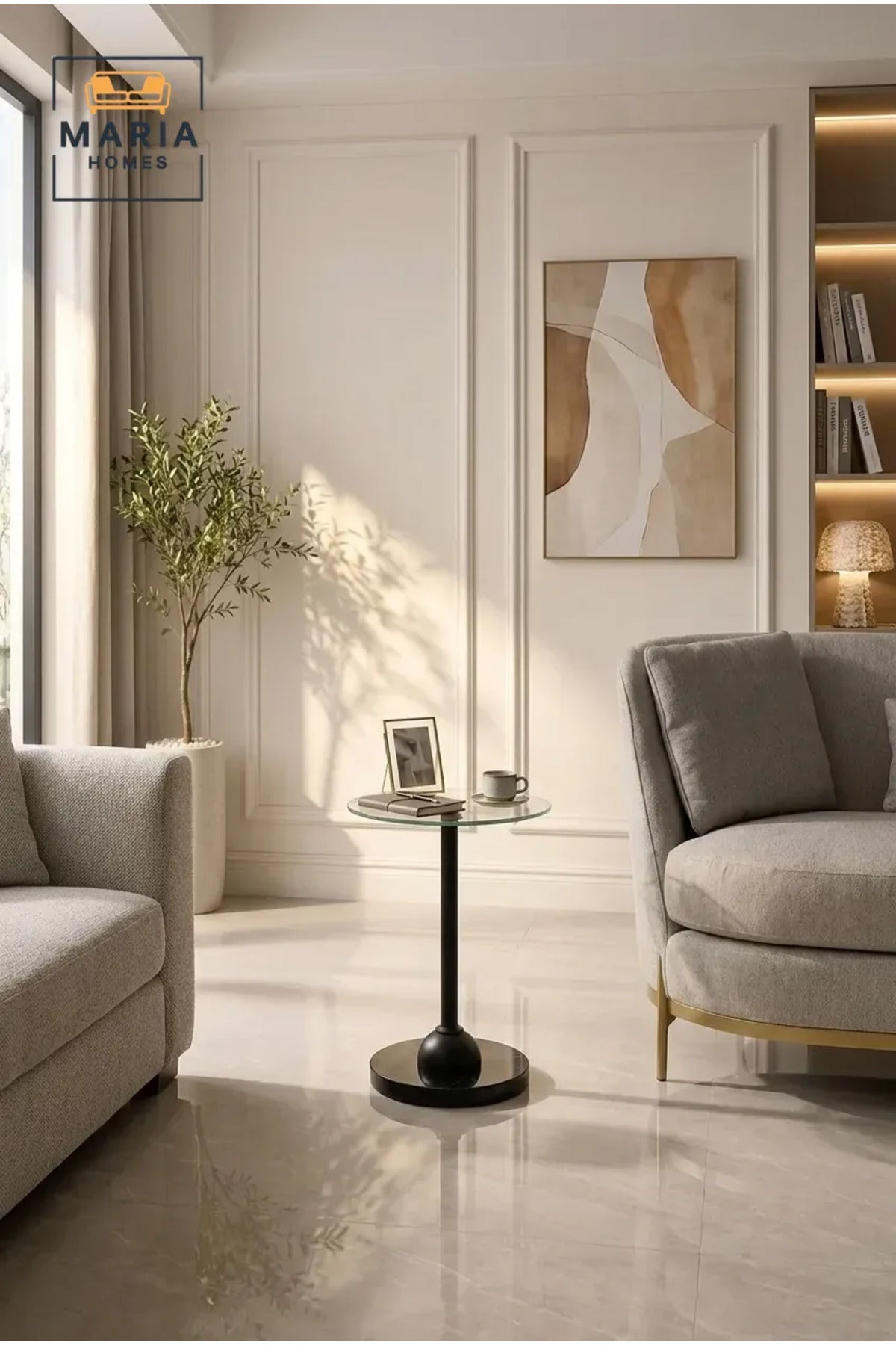 Modern Glass Top Side Table with Black Marble-Effect Base and Metal Support