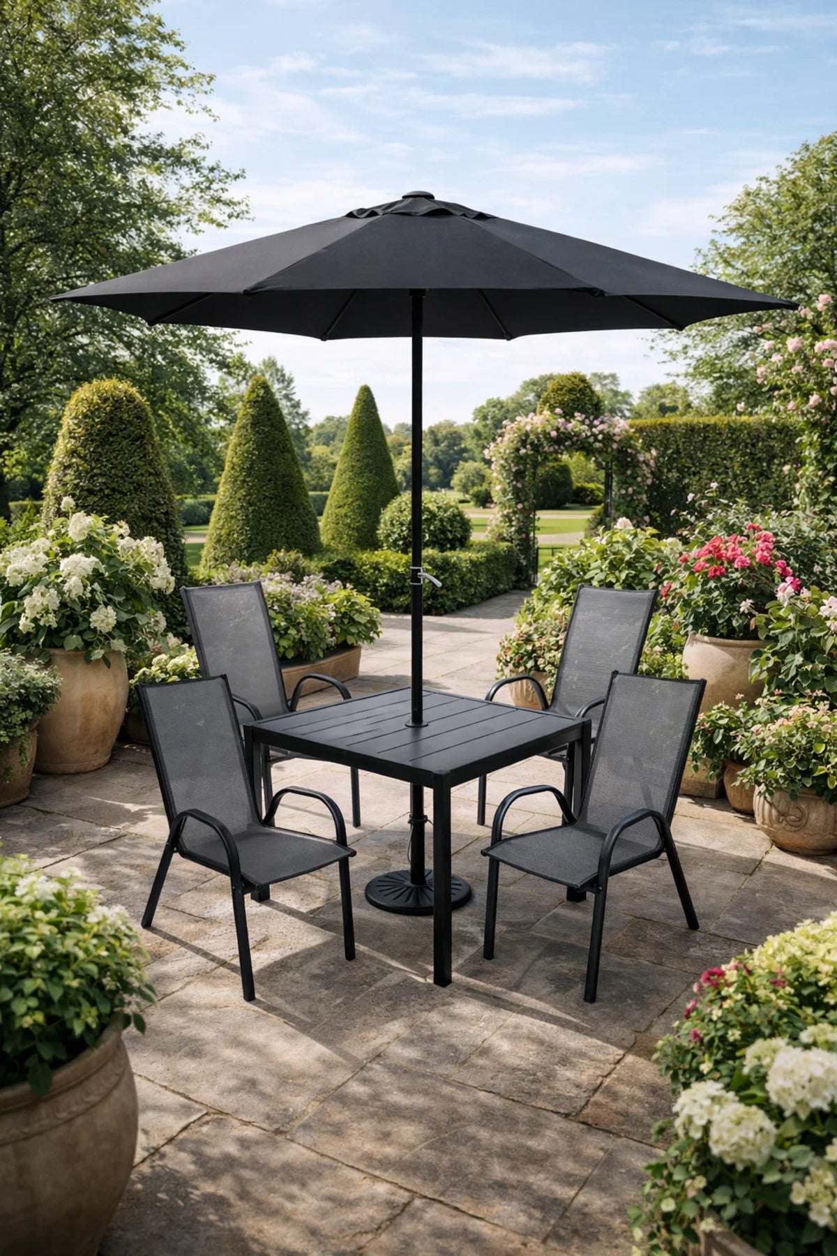 Modern 5-Piece Outdoor Garden Dining Set with Table 4 Chairs and Umbrella for Backyard Patio