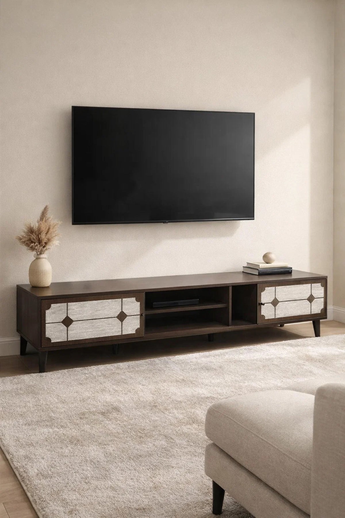 Modern Brown TV Unit 200cm Wide with White Patterned Doors and Open Shelves for Stylish Living Rooms