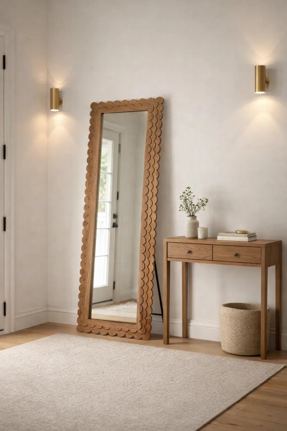 Full Length Wooden Floor Mirror with Scalloped Frame 160x60cm Natural Finish full