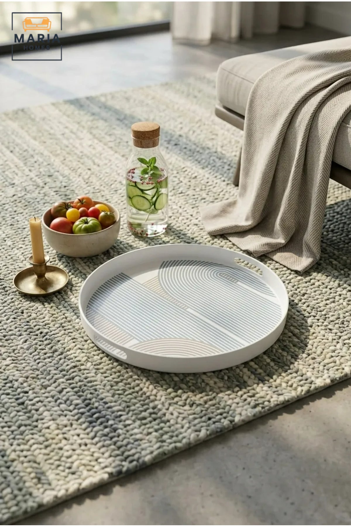 Round Serving Tray with Built-In Handles, Raised Rim and Geometric Pattern, Multipurpose Food and Drinks Tray for Kitchen, Dining, Café and Hotel