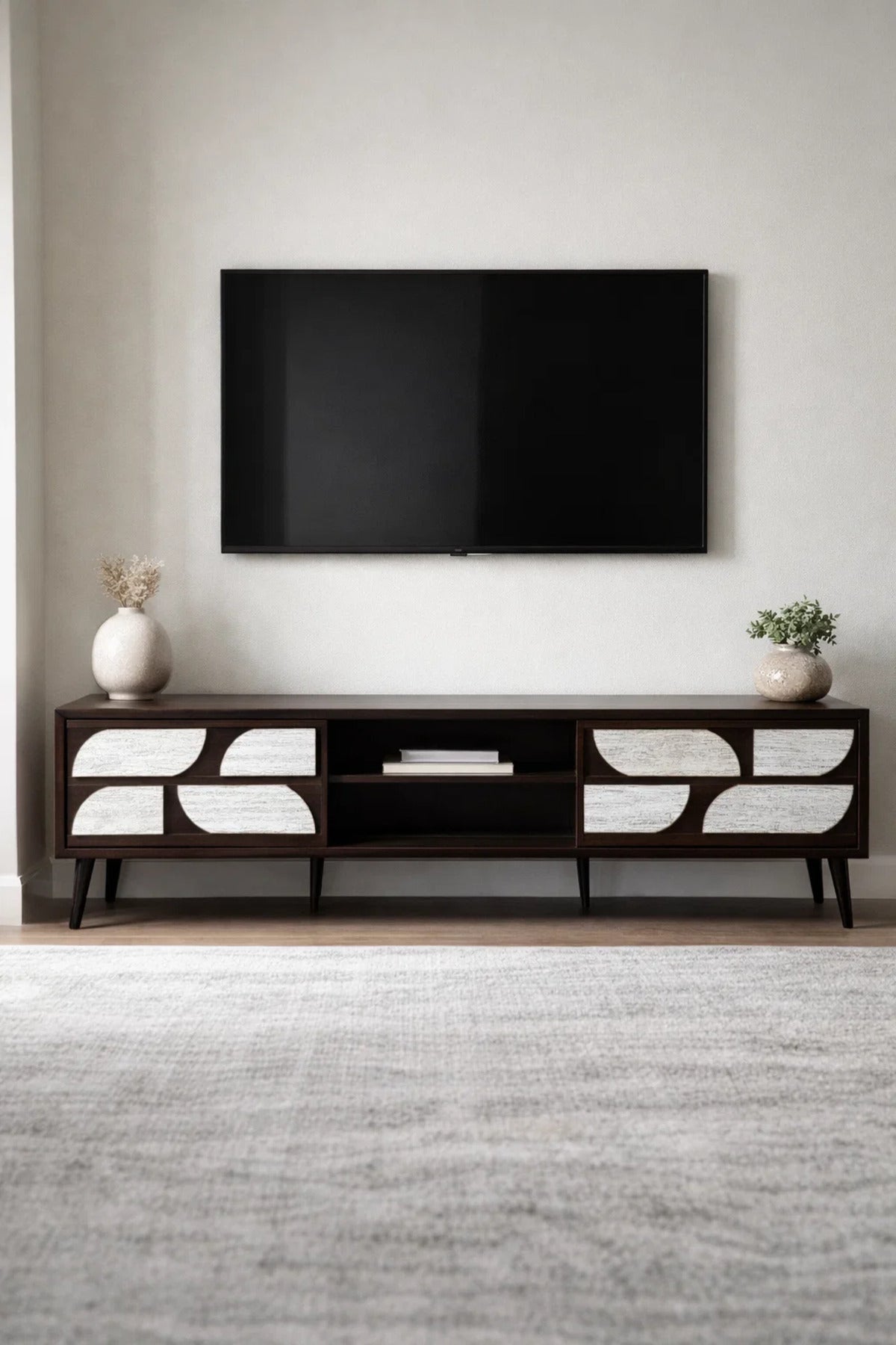 Premium 180cm TV Stand Media Unit with Artistic White Door Panels and Open Shelf for Living Room
