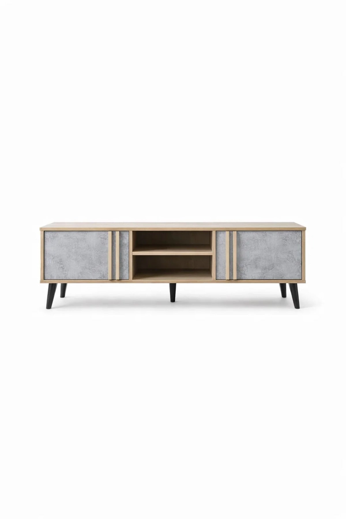 Modern TV Unit Wood and Grey 140cm Entertainment Center with Cabinets and Open Shelves