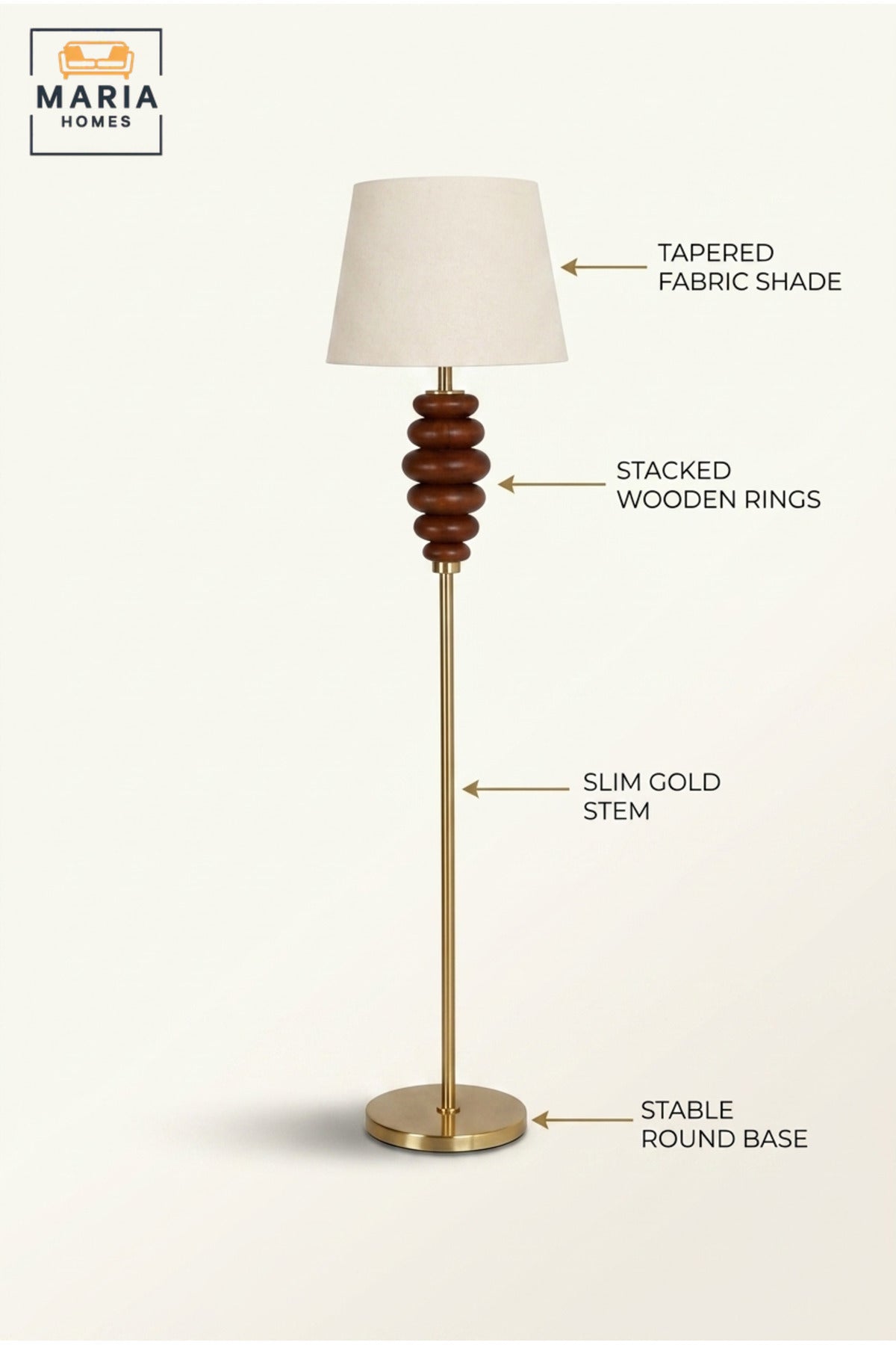Modern Gold Floor Lamp with Sculptural Stacked Wooden Detail, Fabric Shade and Round Base Decorative Standing Light for Living Room Bedroom and Office