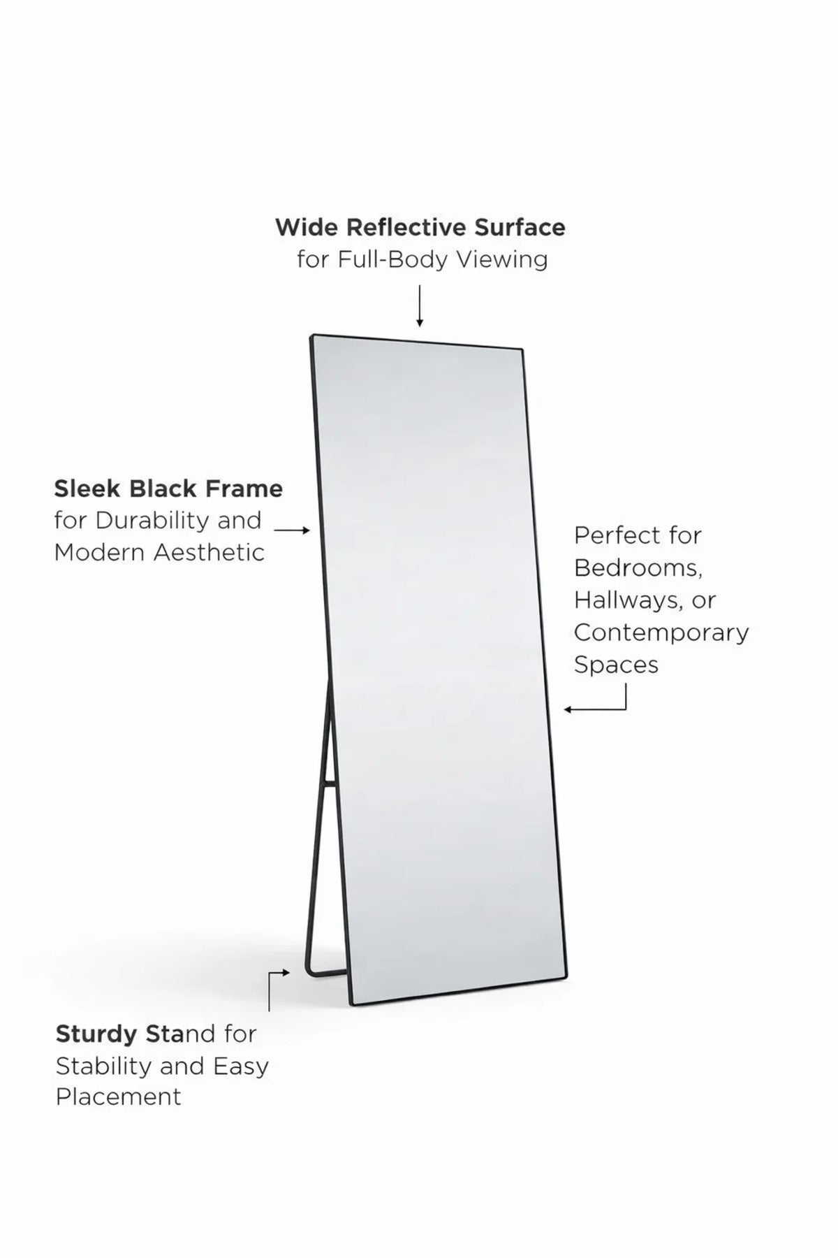 Modern Black Metal Standing Floor Mirror Full Body View 180x60cm Aesthetic Bedroom Decoration