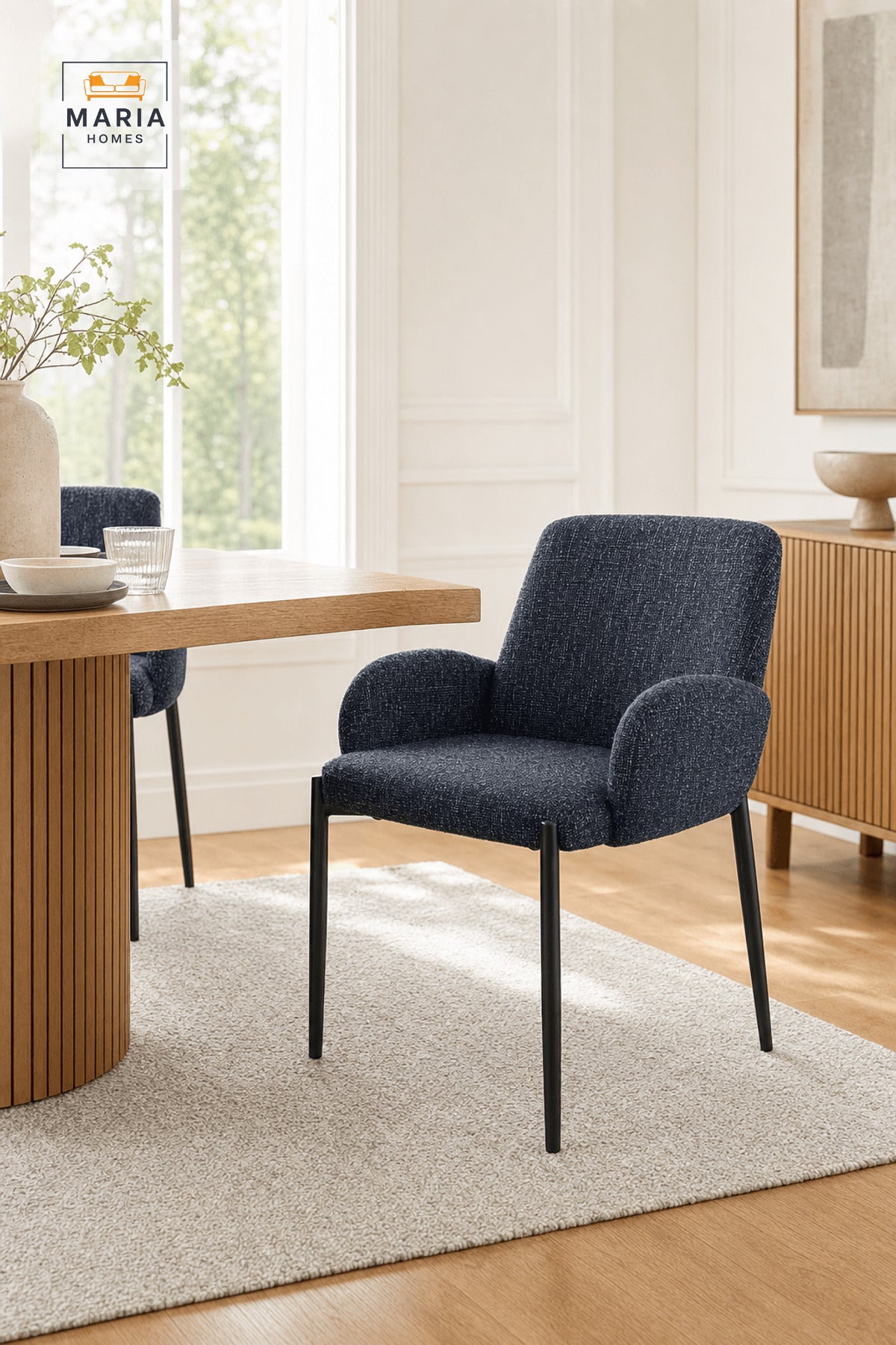 Blue Upholstered Dining Chair with Black Metal Legs, Modern Accent Seat