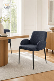 Blue Upholstered Dining Chair with Black Metal Legs, Modern Accent Seat