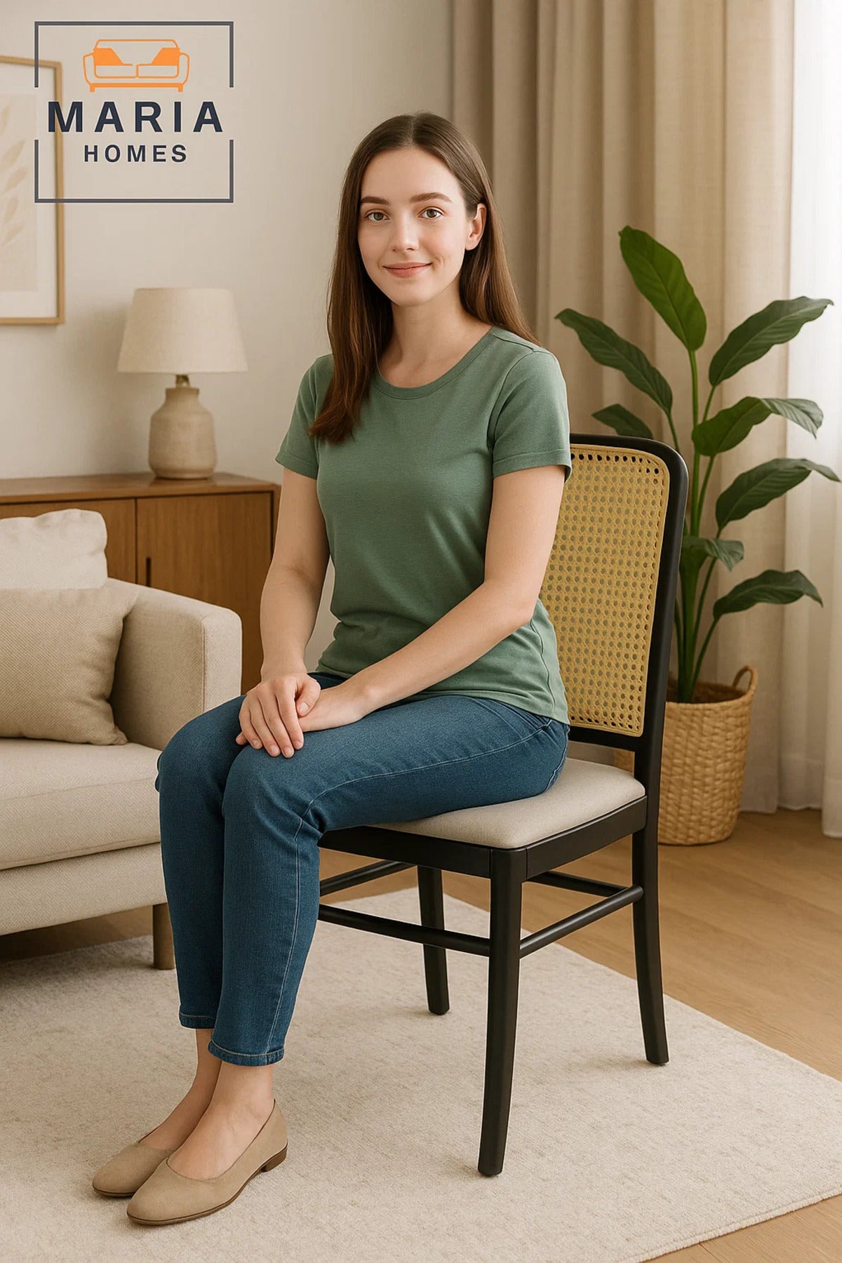 Black Wooden Dining Chair with Woven Cane Backrest and Soft Beige Upholstered Seat Ð Classic Design