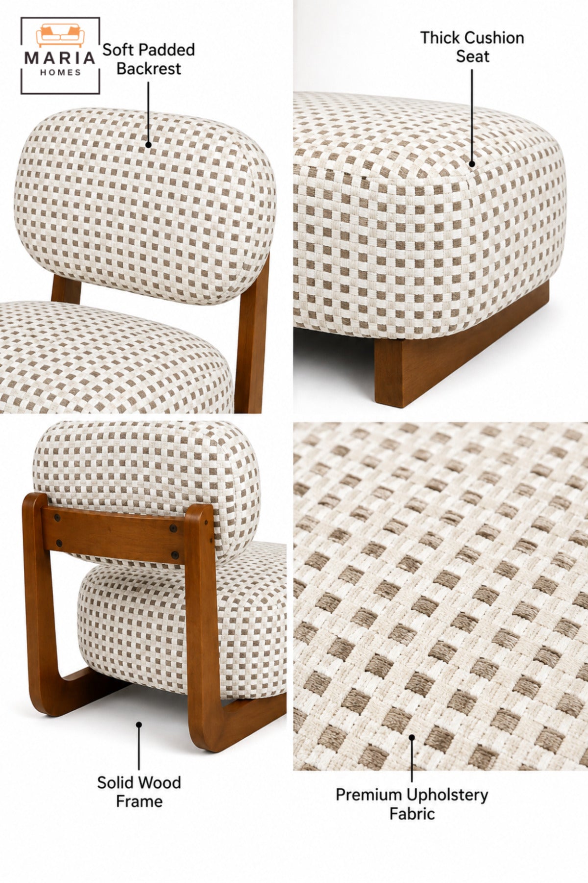 Modern Checkered Upholstered Accent Chair with Wooden Frame & Padded Backrest | Contemporary Armless Lounge Chair for Living Room, Bedroom & Reception