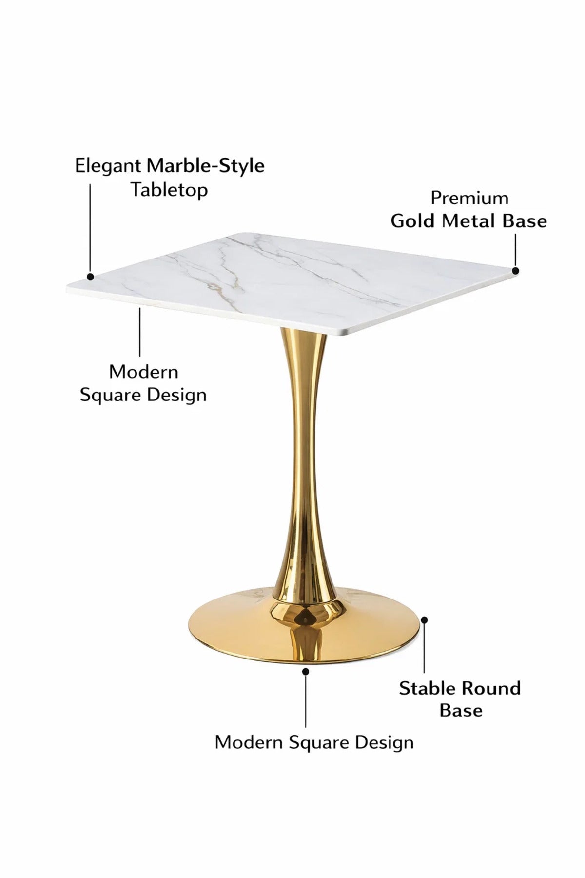 Square White Marble Style Caf≈Ω Table with Gold Base 70 _ 70 _ 75 cm