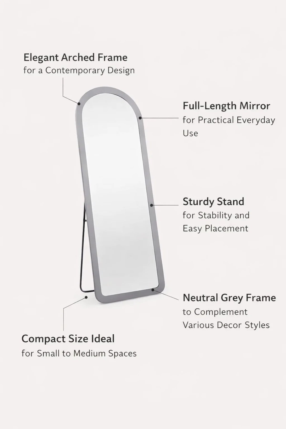 Premium Grey Arched Stand Mirror Full Body Reflection for Modern Home Interiors Size 160x60cm