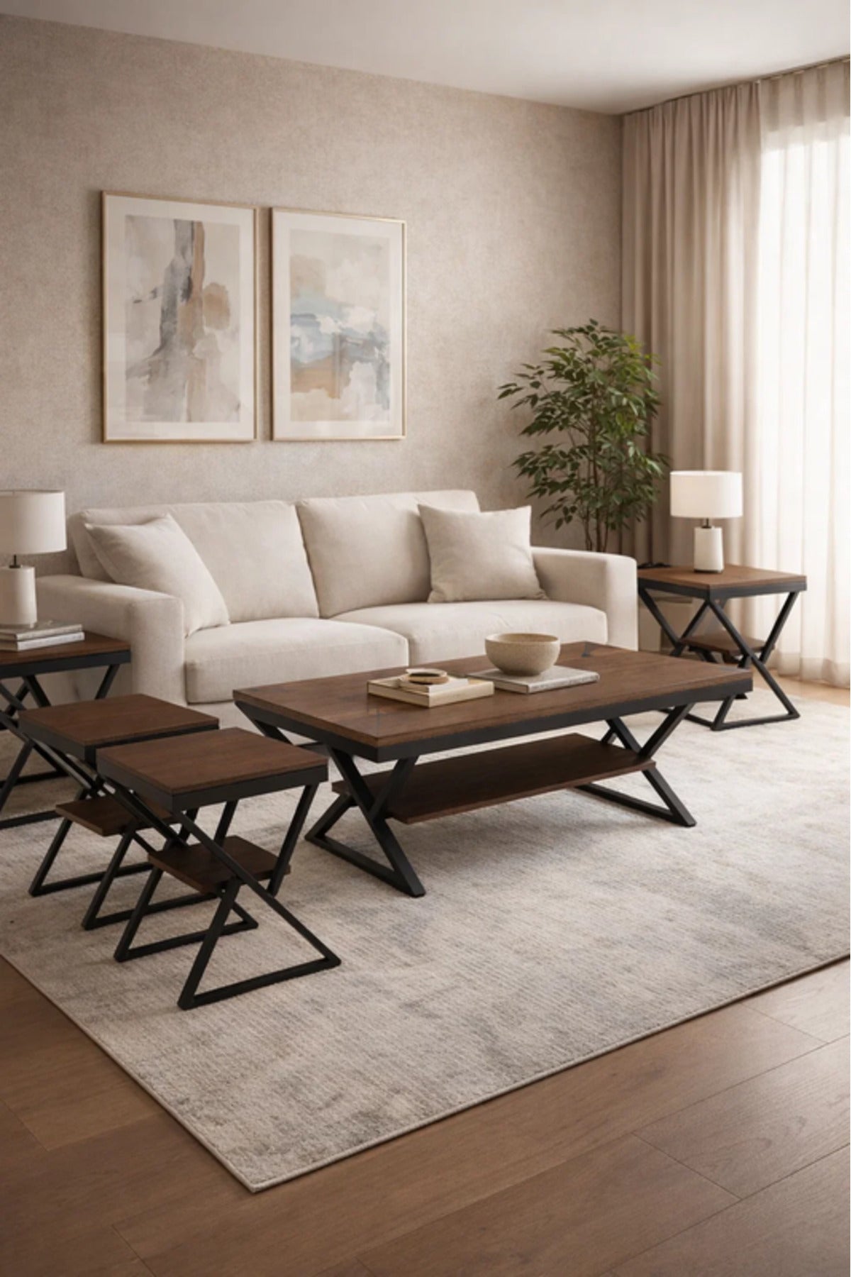 Modern 5-Piece COFEE Center Table Set with Metal Frame and Wood Finish