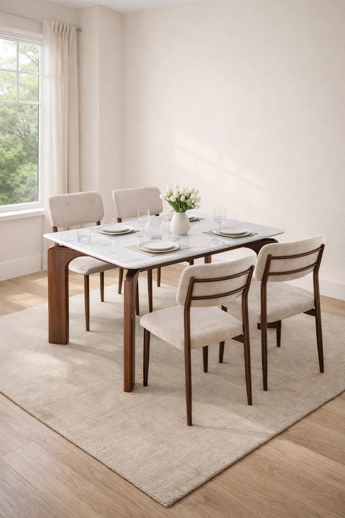 Luxury 5-Piece Dining Room Set with Marble Look Table and 4 Beige Chairs for Modern Home Interiors