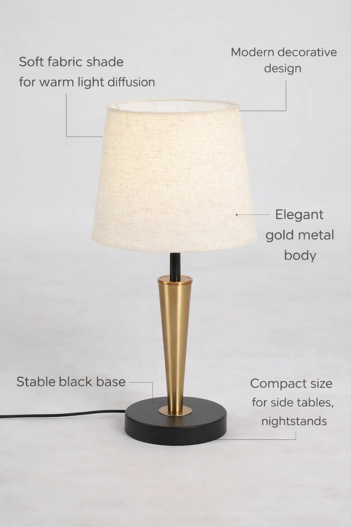 Modern Table Lamp Bedside Lighting with Fabric Shade and Gold Metal Base