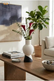 Modern Decorative Flower Vase with Two-Tone Abstract Design, Sculptural Curved Shape and Ribbed Texture for Living Room, Bedroom, Office and Console Décor