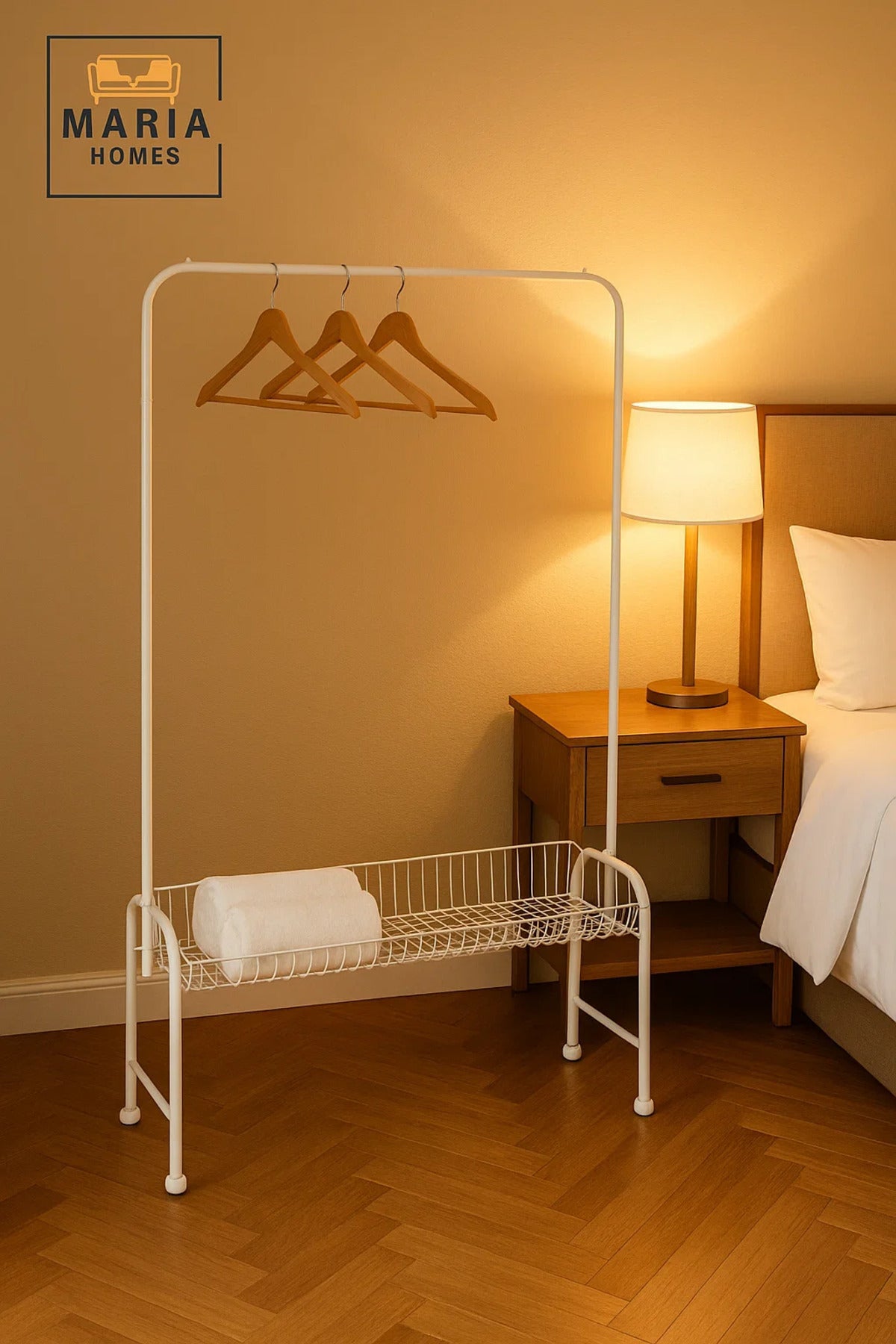 White Steel Garment Rack with Rolling Base and Wire Storage Shelf