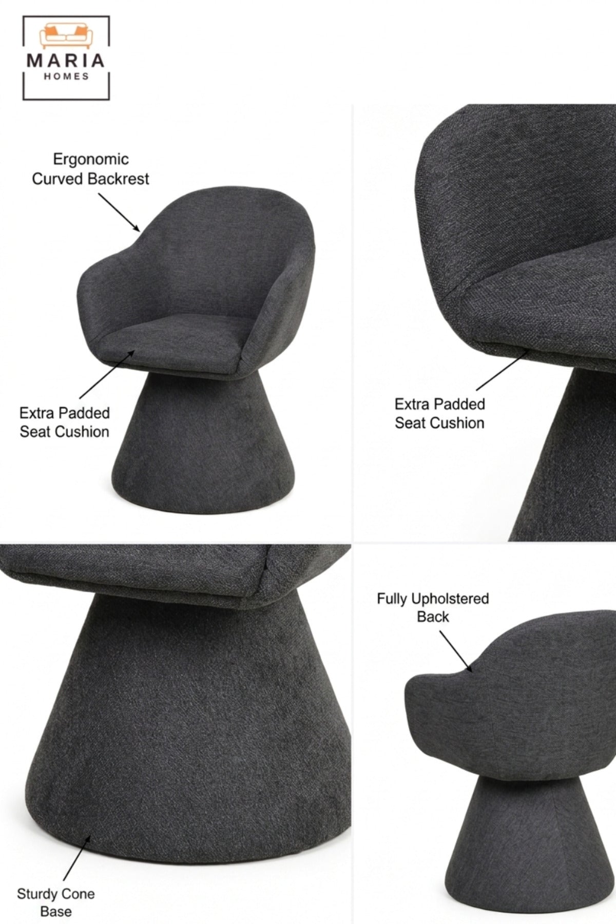 Modern 360° Swivel Dining Chair with Curved Backrest, Integrated Armrests & Pedestal Base | Upholstered Dining Room and Kitchen Chair