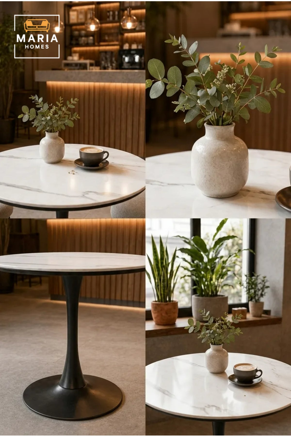 Modern Round Dining Table with Marble-Look Top and Black Pedestal Base √ê Contemporary Bistro Table