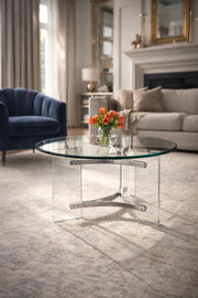 Luxury Round Glass Center Table with Transparent Acrylic Base and Silver Details for Home 90cm
