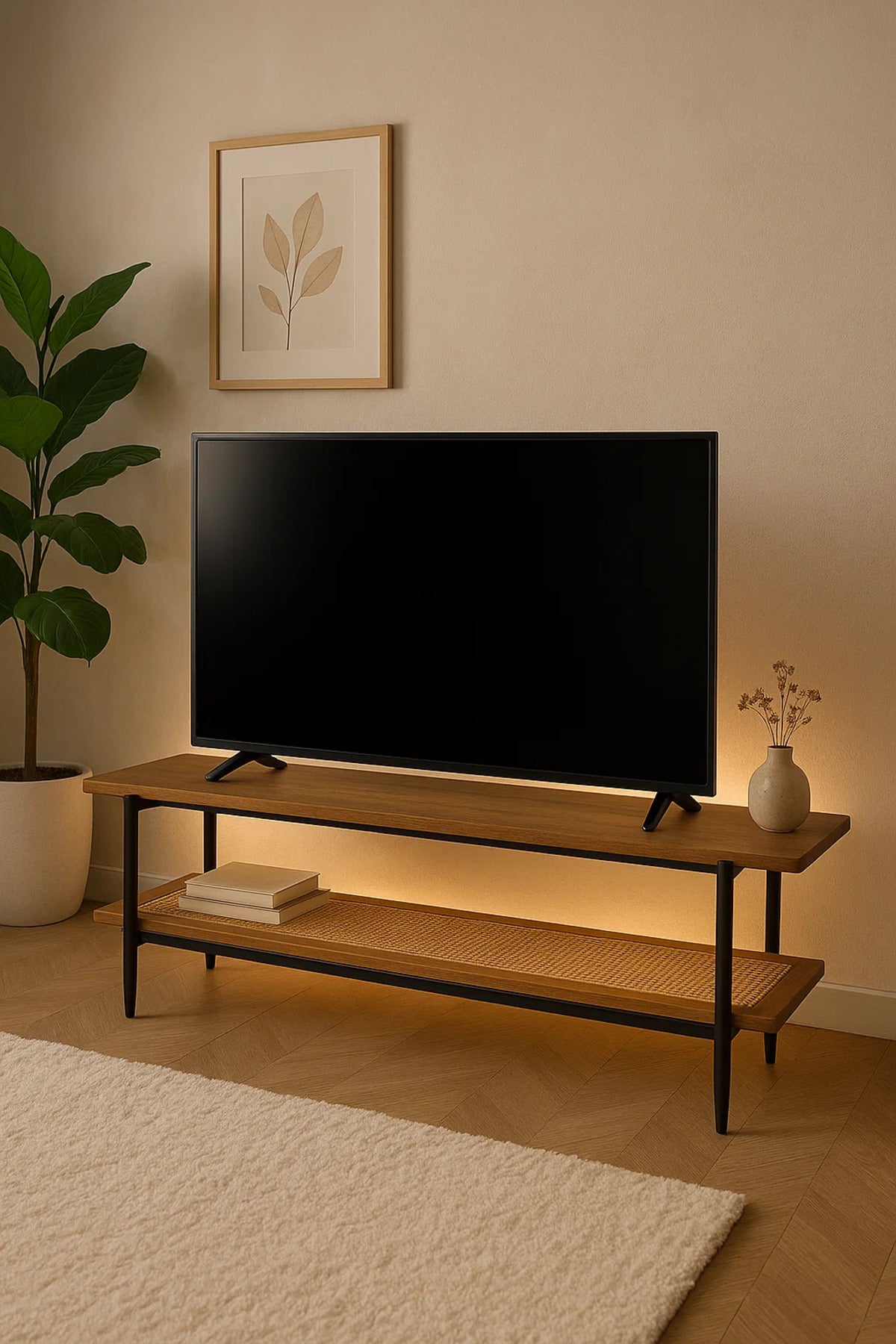 Modern Brown TV Stand with Rattan Shelf Ð 160x40x50 cm Two-Tier Wooden Media Console